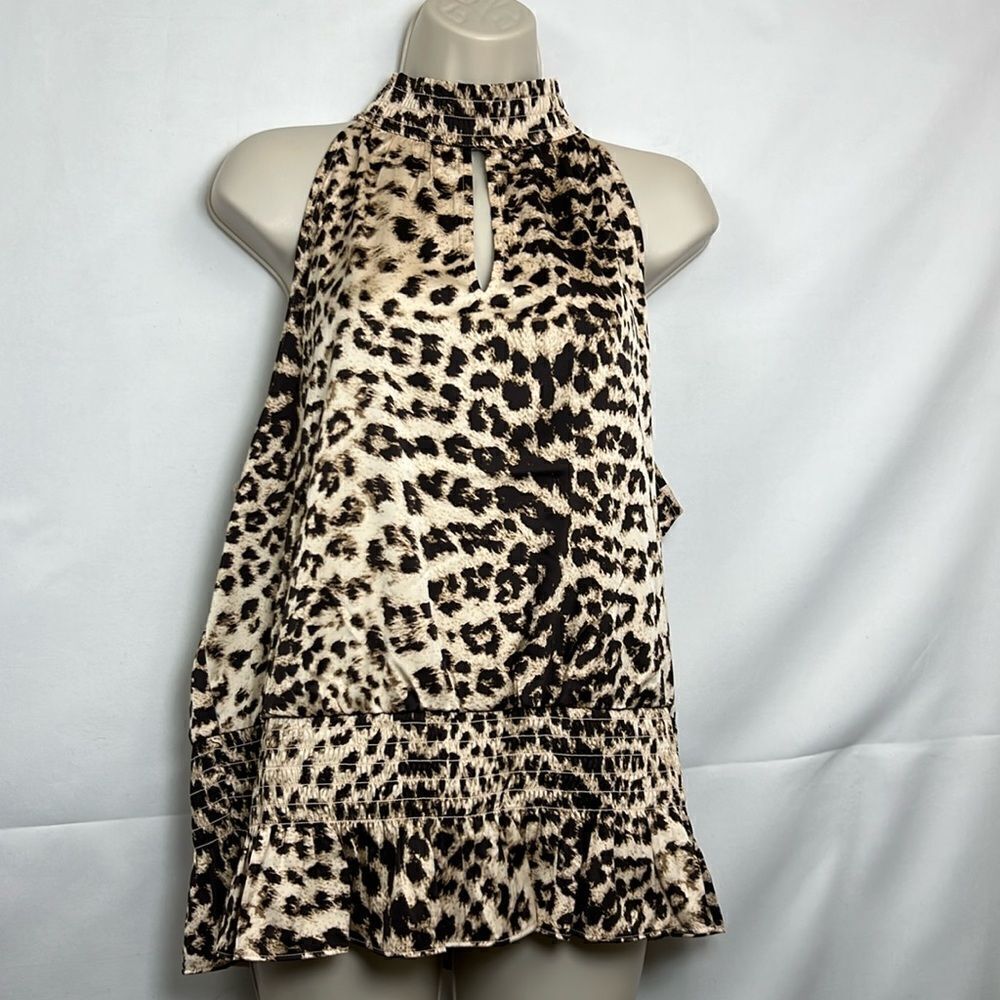 INC Animal Print sleeveless high neckk smocked blouse size xl EUC